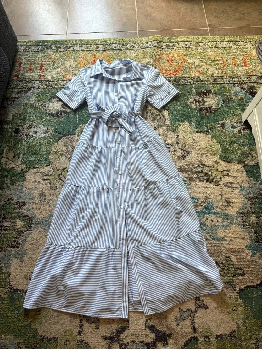 SHEIN Blue & White Striped Button Front Tiered Maxi Shirt Dress Size Medium